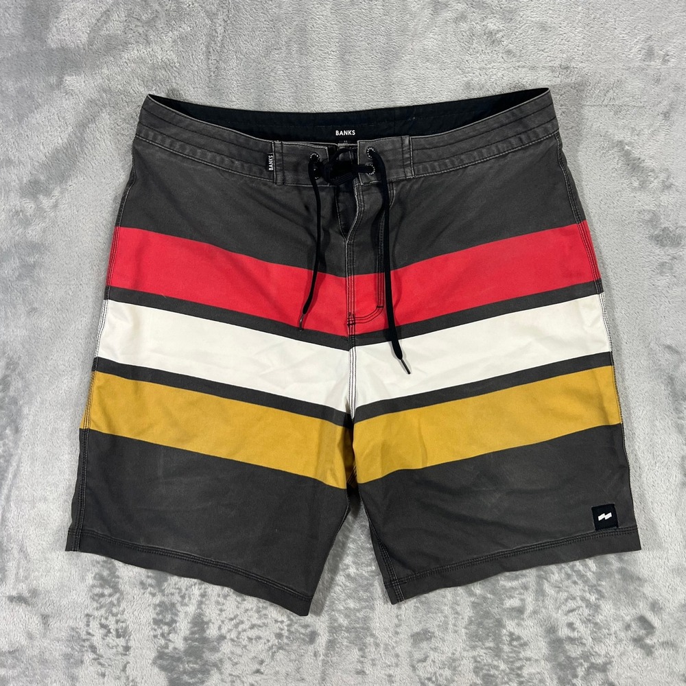 BANKS JOURNAL Board Shorts Mens 33 Charcoal Striped BS0093 Recycled Stretch